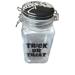 Halloween Skeleton Glass Jar Trick or Treat Spooky Candy Storage Wire Bail Lid